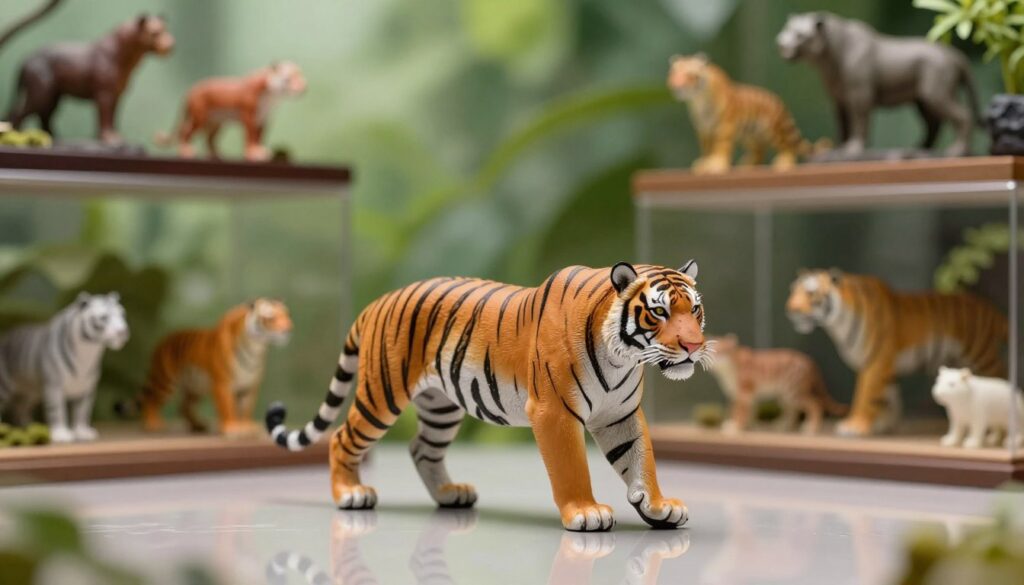 A beautifully designed Tiger 3 model collectible displayed prominently in the foreground, showcasing a dynamic pose with detailed textures that highlight the tiger's stripes and fierce expression. Surrounding the model, a serene display setting featuring soft, diffused lighting to accentuate the model's features, with subtle reflections cast on a glossy surface beneath it. In the middle ground, elegant shelves filled with various high-quality toy and model collectibles of other wildlife figures enhance the theme of collectibility. The background remains blurred with lush greenery, creating a natural atmosphere that complements the tiger model. The overall mood is one of admiration and reverence for these stunning collectibles, inviting the viewer to appreciate their craftsmanship and artistry. A beautifully designed Tiger 3 model collectible displayed prominently in the foreground, showcasing a dynamic pose with detailed textures that highlight the tiger's stripes and fierce expression. Surrounding the model, a serene display setting featuring soft, diffused lighting to accentuate the model's features, with subtle reflections cast on a glossy surface beneath it. In the middle ground, elegant shelves filled with various high-quality toy and model collectibles of other wildlife figures enhance the theme of collectibility. The background remains blurred with lush greenery, creating a natural atmosphere that complements the tiger model. The overall mood is one of admiration and reverence for these stunning collectibles, inviting the viewer to appreciate their craftsmanship and artistry.