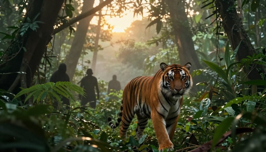 A cinematic scene capturing the essence of a thrilling action film, featuring a dramatic portrayal of a tiger lurking in a dense jungle, symbolizing the core theme of "Tiger 3." In the foreground, the tiger is poised majestically, its vivid orange and black stripes contrasting against lush green foliage. In the middle ground, silhouettes of shadowy figures can be glimpsed through the trees, hinting at intrigue and danger. The background features a misty sunrise breaking through the canopy, casting golden light that enhances the suspenseful atmosphere. The image should be framed with a focus on the tiger using a wide-angle lens, emphasizing depth and drama, with a slight haze that creates an air of mystery. The overall mood is tense and exhilarating, perfectly encapsulating the plot's thrilling evolution. A cinematic scene capturing the essence of a thrilling action film, featuring a dramatic portrayal of a tiger lurking in a dense jungle, symbolizing the core theme of "Tiger 3." In the foreground, the tiger is poised majestically, its vivid orange and black stripes contrasting against lush green foliage. In the middle ground, silhouettes of shadowy figures can be glimpsed through the trees, hinting at intrigue and danger. The background features a misty sunrise breaking through the canopy, casting golden light that enhances the suspenseful atmosphere. The image should be framed with a focus on the tiger using a wide-angle lens, emphasizing depth and drama, with a slight haze that creates an air of mystery. The overall mood is tense and exhilarating, perfectly encapsulating the plot's thrilling evolution.