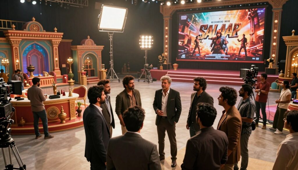 A cinematic scene depicting a grand film set for "Salaar Part 2," capturing the essence of the franchise's expansion. In the foreground, a group of actors in professional attire engage in a lively discussion, showcasing their excitement about the film. The middle ground features a vibrant set with intricate props reflecting the film's themes, while crew members are busy adjusting equipment. The background is filled with towering lights and a large screen displaying a dramatic teaser trailer. Soft, dramatic lighting casts dynamic shadows, enhancing the atmosphere of anticipation. The angle is slightly elevated, creating a sense of depth and grandeur, evoking excitement and complexity surrounding the release schedule and franchise growth.