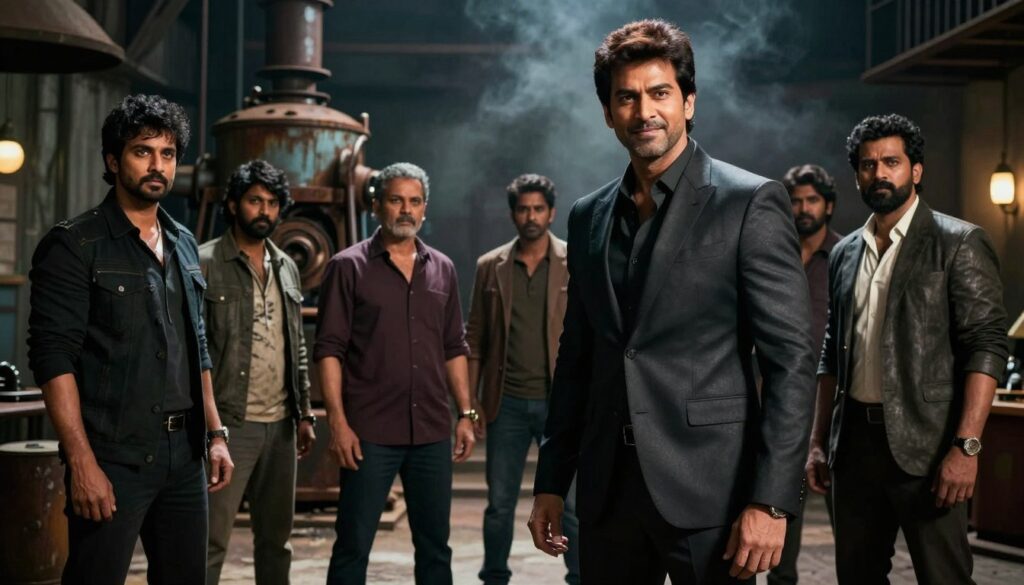 A cinematic scene inspired by "KGF Chapter 2," featuring the iconic confrontation between the protagonist and rival characters in a dimly lit, gritty underground setting. In the foreground, a determined male lead dressed in a sleek, dark suit stands confidently, with a smirk, embodying strength and charisma. In the middle ground, former allies and foes are positioned, exhibiting tense expressions, hinting at their contrasting loyalties. The background features a stylized, industrial environment with shadows and dramatic lighting, showcasing rusted machinery and smoke. The atmosphere is charged with suspense, reminiscent of the original film's intense moments, evoking a sense of rivalry and anticipation. The perspective is slightly low-angle to emphasize the characters' dominance, capturing the essence of the KGF saga.