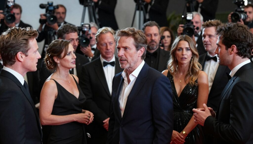 A dramatic, high-stakes scene depicting a diverse ensemble cast of actors in the aftermath of a film premiere, surrounded by a swirling atmosphere of tension and intrigue. In the foreground, the central character, the director, is seen with an intense expression, dressed in professional attire, as he addresses the cast, who display varied emotions ranging from concern to defiance. The middle ground features the cast members, both male and female, also in formal wear, engaging in hushed discussions, their body language illustrating a mix of determination and apprehension. The background presents a prestigious film festival setup with flashing cameras and blurred silhouettes of the crowd, under soft, focused lighting that casts dramatic shadows, enhancing the mood of suspense and uncertainty. The overall color palette is rich and moody, conveying a sense of urgency. A dramatic, high-stakes scene depicting a diverse ensemble cast of actors in the aftermath of a film premiere, surrounded by a swirling atmosphere of tension and intrigue. In the foreground, the central character, the director, is seen with an intense expression, dressed in professional attire, as he addresses the cast, who display varied emotions ranging from concern to defiance. The middle ground features the cast members, both male and female, also in formal wear, engaging in hushed discussions, their body language illustrating a mix of determination and apprehension. The background presents a prestigious film festival setup with flashing cameras and blurred silhouettes of the crowd, under soft, focused lighting that casts dramatic shadows, enhancing the mood of suspense and uncertainty. The overall color palette is rich and moody, conveying a sense of urgency.