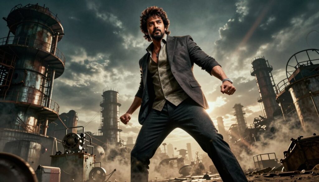 A dynamic scene capturing the essence of "KGF Chapter 2," featuring the protagonist in a powerful pose, dressed in sophisticated yet rugged attire, exuding confidence and determination. In the foreground, a dramatic close-up of the character’s intense expression, showcasing the emotional depth and resolve. The middle ground reveals an expansive, gritty industrial setting, with towering structures and intricate machinery, bathed in a moody, cinematic lighting that casts striking shadows. The background features a smoky skyline under a cloudy night sky, enhancing the atmosphere of tension and excitement. The composition should emphasize a low-angle shot to amplify the sense of grandeur, with rich color contrasts and a slight lens flare for a cinematic effect, conveying a thrilling and immersive experience of the film's technical brilliance. A dynamic scene capturing the essence of "KGF Chapter 2," featuring the protagonist in a powerful pose, dressed in sophisticated yet rugged attire, exuding confidence and determination. In the foreground, a dramatic close-up of the character’s intense expression, showcasing the emotional depth and resolve. The middle ground reveals an expansive, gritty industrial setting, with towering structures and intricate machinery, bathed in a moody, cinematic lighting that casts striking shadows. The background features a smoky skyline under a cloudy night sky, enhancing the atmosphere of tension and excitement. The composition should emphasize a low-angle shot to amplify the sense of grandeur, with rich color contrasts and a slight lens flare for a cinematic effect, conveying a thrilling and immersive experience of the film's technical brilliance.