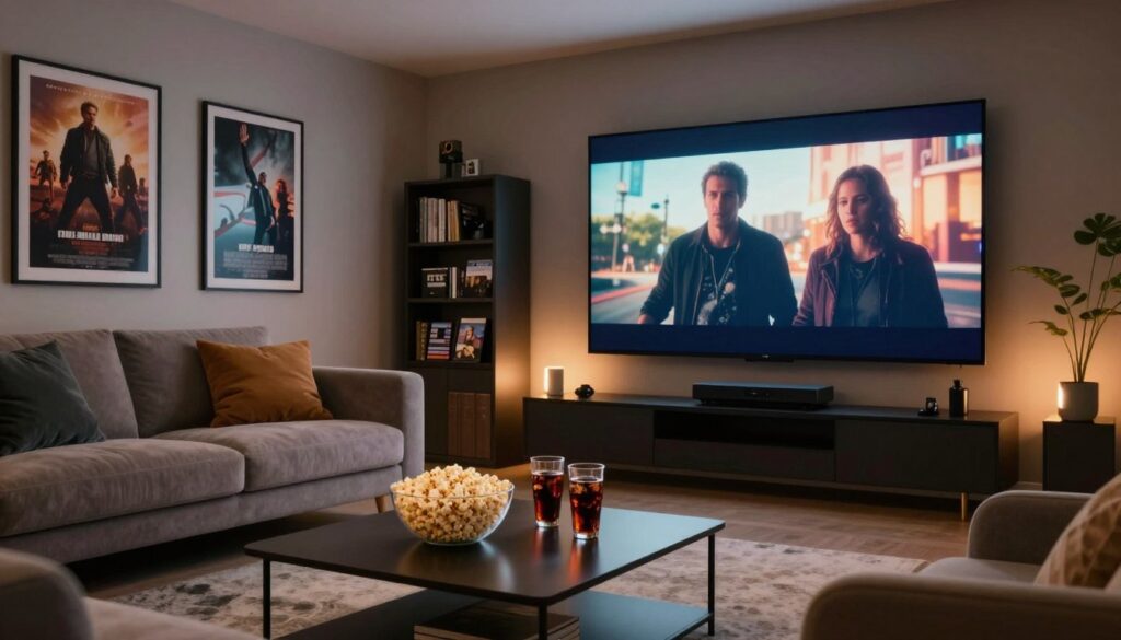 A futuristic living room with a large screen displaying a paused scene from a movie. In the foreground, focus on an elegant coffee table with popcorn and two glasses of soda, creating a cozy atmosphere. In the middle, a plush sofa adorned with throw pillows, set against a stylish décor featuring framed movie posters on the walls. Soft ambient lighting casts a warm glow throughout the room, enhancing the inviting mood. The background showcases a bookshelf with a collection of DVDs and digital devices, representing various streaming options. The overall atmosphere conveys the excitement of watching a movie at home while subtly hinting at safety and compliance in online streaming, ensuring a family-friendly environment.