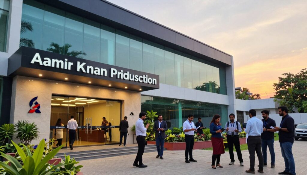 A vibrant and iconic depiction of the Aamir Khan Production House, featuring a modern and sleek building with large glass windows reflecting the surrounding greenery. In the foreground, a welcoming entrance adorned with artistic signage and plants welcomes visitors. The middle ground showcases a bustling production scene, with professionals in smart business attire discussing scripts and reviewing footage, emphasizing a creative and collaborative atmosphere. In the background, a sunset sky casts a warm glow over the scene, enhancing the feeling of innovation and passion in filmmaking. The lighting is soft yet bright, evoking a sense of inspiration and creativity. Capture the essence of a progressive film studio that embodies Aamir Khan's legacy in Indian cinema.