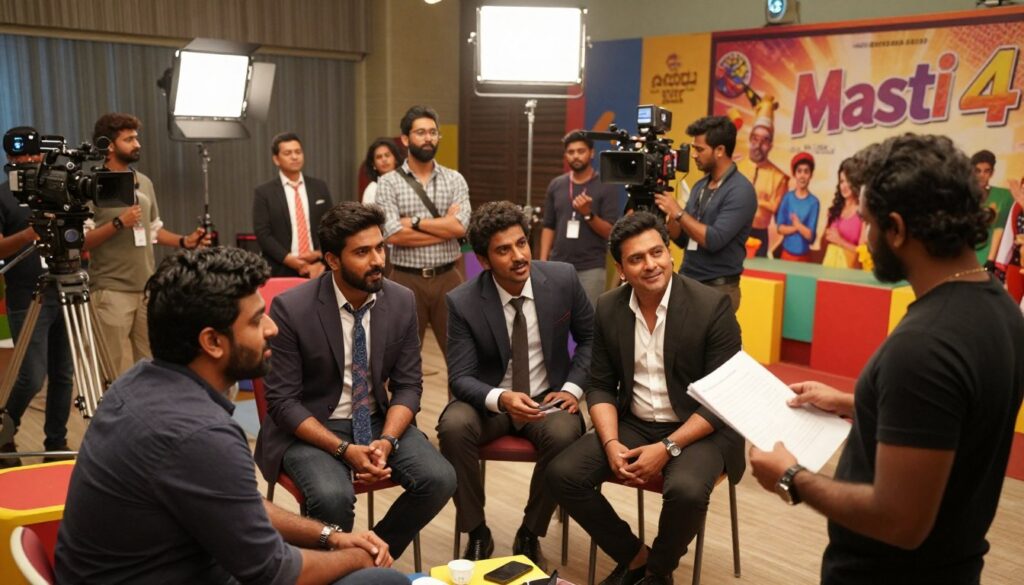 A vibrant behind-the-scenes setup of the "Masti 4" film set, showcasing a lively atmosphere filled with cast and crew members in professional business attire, engrossed in their work. In the foreground, a diverse group of actors engages in a animated discussion, sharing insights, while a director reviews the script nearby. The middle ground features the bustling crew adjusting lights and equipment, with colorful props that reflect the film's comedic tone. In the background, film cameras are positioned, and large banners promote "Masti 4," illuminated by soft, warm lighting to enhance the camaraderie and creativity of the scene. Capture the essence of teamwork and dedication with a dynamic camera angle, evoking excitement and anticipation for the film's release. A vibrant behind-the-scenes setup of the "Masti 4" film set, showcasing a lively atmosphere filled with cast and crew members in professional business attire, engrossed in their work. In the foreground, a diverse group of actors engages in a animated discussion, sharing insights, while a director reviews the script nearby. The middle ground features the bustling crew adjusting lights and equipment, with colorful props that reflect the film's comedic tone. In the background, film cameras are positioned, and large banners promote "Masti 4," illuminated by soft, warm lighting to enhance the camaraderie and creativity of the scene. Capture the essence of teamwork and dedication with a dynamic camera angle, evoking excitement and anticipation for the film's release.