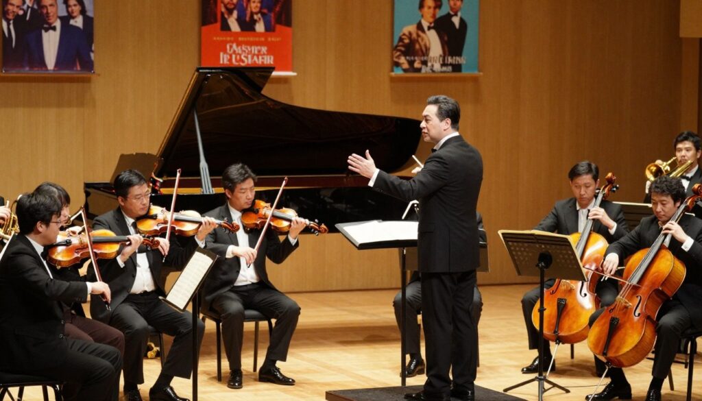 A vibrant celebration of music intertwined with cinematic history, showcasing an orchestral conductor passionately leading an ensemble of musicians on a grand stage. In the foreground, the conductor, dressed in elegant black formal attire, gestures expressively with a baton, while various instruments like violins, cellos, and trumpets are skillfully played by musicians in professional attire. The middle ground features a grand piano illuminated by warm golden stage lights, casting a soft glow and emphasizing the dynamic atmosphere. In the background, colorful banners reflect themes of iconic soundtracks, with subtle hints of famous movie scenes. The scene is infused with an inspiring and nostalgic mood, capturing the essence of the musical legacy of cinematic masterpieces. Natural lighting enhances the warmth, creating a sense of intimacy and connection with the audience. A vibrant celebration of music intertwined with cinematic history, showcasing an orchestral conductor passionately leading an ensemble of musicians on a grand stage. In the foreground, the conductor, dressed in elegant black formal attire, gestures expressively with a baton, while various instruments like violins, cellos, and trumpets are skillfully played by musicians in professional attire. The middle ground features a grand piano illuminated by warm golden stage lights, casting a soft glow and emphasizing the dynamic atmosphere. In the background, colorful banners reflect themes of iconic soundtracks, with subtle hints of famous movie scenes. The scene is infused with an inspiring and nostalgic mood, capturing the essence of the musical legacy of cinematic masterpieces. Natural lighting enhances the warmth, creating a sense of intimacy and connection with the audience.