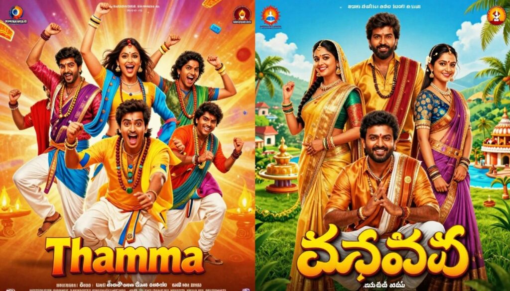 A visually striking comparison image showcasing two versions of the "Thamma" movie: on one side, a vibrant and colorful Hindi movie poster featuring dynamic characters in traditional attire, lively expressions, and energetic poses, surrounded by iconic elements of Bollywood cinema. On the other side, a stunning Telugu movie poster displaying rich cultural symbols, with characters in traditional clothing, set against a backdrop of lush landscapes typical of Telugu cinema. The middle ground merges both styles harmoniously. The lighting is bright and inviting, emphasizing the cultural richness of each film. The overall mood is celebratory and spirited, showcasing the diversity in Indian cinema, with each poster clearly portraying its unique regional identity. A visually striking comparison image showcasing two versions of the "Thamma" movie: on one side, a vibrant and colorful Hindi movie poster featuring dynamic characters in traditional attire, lively expressions, and energetic poses, surrounded by iconic elements of Bollywood cinema. On the other side, a stunning Telugu movie poster displaying rich cultural symbols, with characters in traditional clothing, set against a backdrop of lush landscapes typical of Telugu cinema. The middle ground merges both styles harmoniously. The lighting is bright and inviting, emphasizing the cultural richness of each film. The overall mood is celebratory and spirited, showcasing the diversity in Indian cinema, with each poster clearly portraying its unique regional identity.