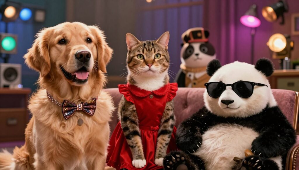 A whimsical cinematic scene featuring a group of animal movie actresses, styled as glamorous film stars. In the foreground, a charismatic golden retriever wearing a sparkling collar and a stylish bow tie strikes a confident pose. The middle ground captures an elegant tabby cat in a tiny red dress, gazing thoughtfully at the audience, reflecting complex emotions. An adorable panda in chic sunglasses lounges nearby, exuding an air of charm and playfulness. The background showcases a vibrant film set filled with colorful lights and props, creating an enchanting atmosphere. The lighting is soft and warm, casting gentle shadows while highlighting the animals’ expressive features. The mood is lively yet introspective, inviting viewers to connect with the characters’ emotional depths. The composition is shot from a slightly low angle to enhance the grandeur of these adorable stars, making them the focal point of this captivating scene.