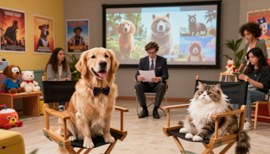 In a vibrant casting studio filled with colorful movie posters, a diverse group of animal actors is preparing for auditions. In the foreground, a charismatic golden retriever wearing a stylish bowtie sits confidently on a director's chair, while an elegant Persian cat with a feather boa lounges nearby. In the middle ground, a filmmaker in professional attire reviews a script, surrounded by playful props like stuffed toys and costume accessories. The background features a large screen showing scenes from famous animal films, illuminated by soft, warm lighting to create an inviting atmosphere. The scene conveys a whimsical yet professional feel, highlighting the special bond between the animals and their human counterparts in the movie industry.