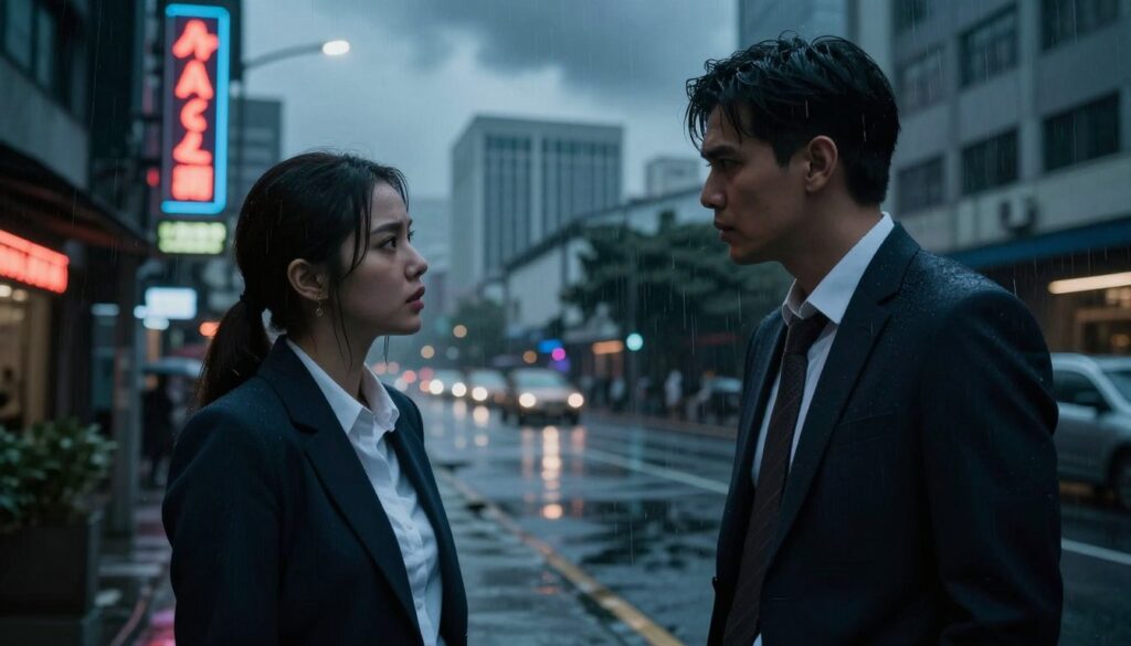 A dramatic scene showcasing the main characters of "Awarapan 2" in a tense moment of narrative speculation. In the foreground, two protagonists are engaged in a deep conversation, dressed in professional business attire, reflecting their emotional complexity and evolving dynamics. The middle ground features a dimly lit urban setting, with rain-soaked streets and flickering neon signs that hint at a gritty, suspenseful atmosphere. In the background, a skyline of modern buildings is visible under a moody sky, casting a mysterious and melancholic ambiance. The lighting should be dim and atmospheric, creating dramatic contrasts with shadows, captured with a cinematic angle to emphasize the tension in their expressions. The overall mood is suspenseful and introspective, inviting viewers to ponder the unfolding plot. A dramatic scene showcasing the main characters of "Awarapan 2" in a tense moment of narrative speculation. In the foreground, two protagonists are engaged in a deep conversation, dressed in professional business attire, reflecting their emotional complexity and evolving dynamics. The middle ground features a dimly lit urban setting, with rain-soaked streets and flickering neon signs that hint at a gritty, suspenseful atmosphere. In the background, a skyline of modern buildings is visible under a moody sky, casting a mysterious and melancholic ambiance. The lighting should be dim and atmospheric, creating dramatic contrasts with shadows, captured with a cinematic angle to emphasize the tension in their expressions. The overall mood is suspenseful and introspective, inviting viewers to ponder the unfolding plot.