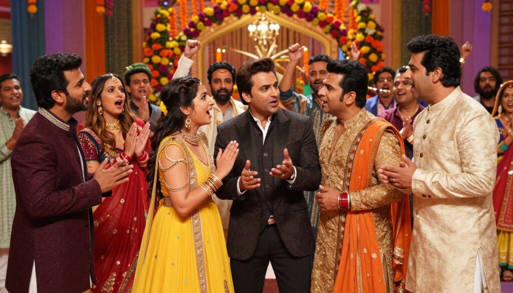 A dynamic Bollywood comedy film set, highlighting a vibrant scene from "Housefull 5" that showcases its dramatic impact on the comedy genre. In the foreground, a diverse group of professional actors in stylish, colorful costumes are engaged in a humorous dialogue, their expressive faces displaying a range of comedic emotions. The middle ground features a lavish set resembling a festive Indian wedding, adorned with bright floral decorations and traditional elements, capturing the essence of Bollywood extravagance. In the background, a cheering audience reflects their enjoyment, creating a lively atmosphere. The overall lighting is warm and inviting, reminiscent of a theatrical spotlight, with a focused lens on the actor dynamics, enhancing the joyful mood of comedy and entertainment. A dynamic Bollywood comedy film set, highlighting a vibrant scene from "Housefull 5" that showcases its dramatic impact on the comedy genre. In the foreground, a diverse group of professional actors in stylish, colorful costumes are engaged in a humorous dialogue, their expressive faces displaying a range of comedic emotions. The middle ground features a lavish set resembling a festive Indian wedding, adorned with bright floral decorations and traditional elements, capturing the essence of Bollywood extravagance. In the background, a cheering audience reflects their enjoyment, creating a lively atmosphere. The overall lighting is warm and inviting, reminiscent of a theatrical spotlight, with a focused lens on the actor dynamics, enhancing the joyful mood of comedy and entertainment.
