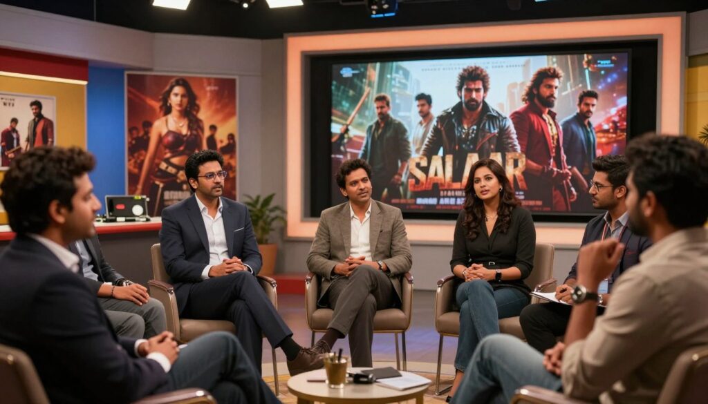 A dynamic and modern scene capturing a film review meeting focused on the Salaar film. In the foreground, a diverse group of industry experts, dressed in professional business attire, is engaged in a lively discussion, animated expressions reflecting their critical analysis. The middle ground features a large screen displaying iconic scenes from the movie, with dramatic lighting highlighting the characters. In the background, a stylish film studio with creative decor, including posters of other major films. The atmosphere is vibrant and intense, illuminated by warm, soft overhead lights that create a focused yet inviting mood. Use a slight depth of field to draw attention to the reviewers in the foreground while softly blurring the background elements. A dynamic and modern scene capturing a film review meeting focused on the Salaar film. In the foreground, a diverse group of industry experts, dressed in professional business attire, is engaged in a lively discussion, animated expressions reflecting their critical analysis. The middle ground features a large screen displaying iconic scenes from the movie, with dramatic lighting highlighting the characters. In the background, a stylish film studio with creative decor, including posters of other major films. The atmosphere is vibrant and intense, illuminated by warm, soft overhead lights that create a focused yet inviting mood. Use a slight depth of field to draw attention to the reviewers in the foreground while softly blurring the background elements.