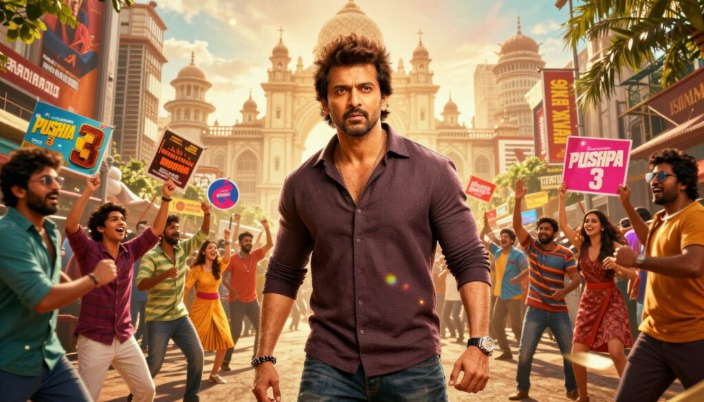 A dynamic promotional poster for "Pushpa 3," set in an energetic Indian urban environment. In the foreground, a leading actor in professional casual attire, displaying a confident pose, gazes forward, embodying determination. The middle layer features an animated crowd enthusiastically engaging with various promotional materials, like banners and posters, showcasing vibrant colors and bold typography. The background reveals iconic Indian city architecture under warm, golden lighting, creating an inviting atmosphere. The scene conveys excitement and anticipation, with lens flares adding a cinematic quality. The overall mood is vibrant and energetic, reflecting a successful marketing strategy for the upcoming film release, without any text or watermarks. A dynamic promotional poster for "Pushpa 3," set in an energetic Indian urban environment. In the foreground, a leading actor in professional casual attire, displaying a confident pose, gazes forward, embodying determination. The middle layer features an animated crowd enthusiastically engaging with various promotional materials, like banners and posters, showcasing vibrant colors and bold typography. The background reveals iconic Indian city architecture under warm, golden lighting, creating an inviting atmosphere. The scene conveys excitement and anticipation, with lens flares adding a cinematic quality. The overall mood is vibrant and energetic, reflecting a successful marketing strategy for the upcoming film release, without any text or watermarks.