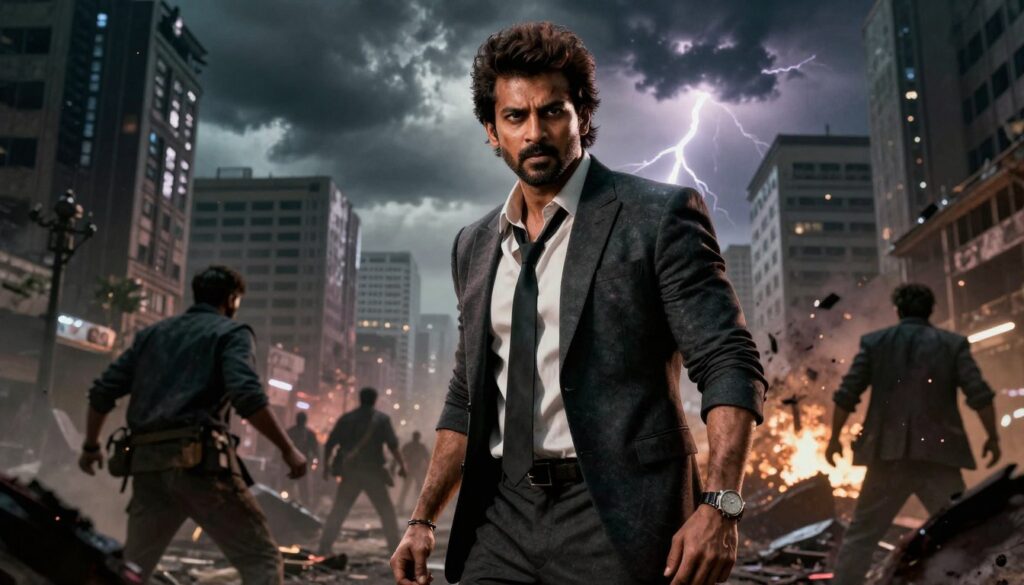 A dynamic scene depicting the intense plot of the film "Salaar". In the foreground, a determined protagonist stands with a gritty expression, dressed in professional attire, exuding confidence and intensity. The middle ground features a dramatic urban landscape, with shadowy figures hinting at a thrilling confrontation, and the remnants of a previous battle scattered on the ground. The background is filled with towering buildings and a stormy sky, casting an ominous atmosphere, with flashes of lightning illuminating the scene. The image has a moody, cinematic feel, with dark, rich colors and chiaroscuro lighting, reminiscent of a high-stakes action film. The angle is slightly low, enhancing the protagonist's formidable presence, while the overall composition evokes suspense and excitement for the upcoming sequel. A dynamic scene depicting the intense plot of the film "Salaar". In the foreground, a determined protagonist stands with a gritty expression, dressed in professional attire, exuding confidence and intensity. The middle ground features a dramatic urban landscape, with shadowy figures hinting at a thrilling confrontation, and the remnants of a previous battle scattered on the ground. The background is filled with towering buildings and a stormy sky, casting an ominous atmosphere, with flashes of lightning illuminating the scene. The image has a moody, cinematic feel, with dark, rich colors and chiaroscuro lighting, reminiscent of a high-stakes action film. The angle is slightly low, enhancing the protagonist's formidable presence, while the overall composition evokes suspense and excitement for the upcoming sequel.