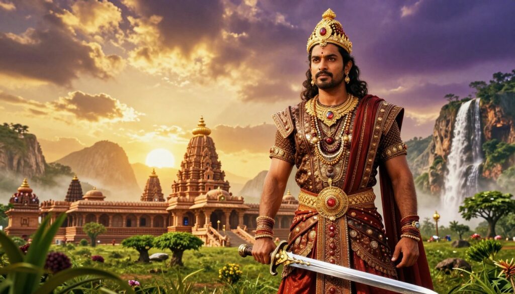 A grand epic scene inspired by the "Baahubali" movie series, featuring a majestic Indian landscape at sunset. In the foreground, a heroic figure dressed in intricate traditional warrior attire, holding a gleaming sword, stands confidently. His armor is adorned with ornate gold and jewel elements, reflecting the light. In the middle ground, ancient temples and lush greenery present a vibrant depiction of the kingdom of Mahishmati. Dramatic clouds cast golden and purple hues across the sky, enhancing the grandeur. The background reveals towering mountains and cascading waterfalls, suggesting an awe-inspiring, fantastical setting. The lighting is warm and cinematic, inviting a sense of adventure and cultural richness, emphasizing the impact of the "Baahubali" series on pop culture. The image is beautifully composed, capturing the epic spirit of the films.