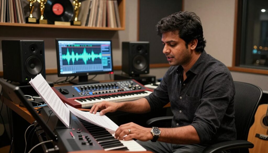 A music director in a modern studio setting, focused and creatively engaged, surrounded by an array of musical instruments like keyboards and guitars. In the foreground, capture the director, wearing professional business attire, immersed in a moment of inspiration, perhaps adjusting sound equipment or reviewing a musical score. In the middle, include sound mixing equipment and monitors displaying sound waves, emphasizing the technical aspect of music production. The background should depict shelves filled with vinyl records and awards, indicating a rich musical history. The lighting is warm and inviting, with subtle highlights accentuating the director’s concentrated expression, conveying a mood of creativity and anticipation for the upcoming "Pushpa 3" soundtrack. A music director in a modern studio setting, focused and creatively engaged, surrounded by an array of musical instruments like keyboards and guitars. In the foreground, capture the director, wearing professional business attire, immersed in a moment of inspiration, perhaps adjusting sound equipment or reviewing a musical score. In the middle, include sound mixing equipment and monitors displaying sound waves, emphasizing the technical aspect of music production. The background should depict shelves filled with vinyl records and awards, indicating a rich musical history. The lighting is warm and inviting, with subtle highlights accentuating the director’s concentrated expression, conveying a mood of creativity and anticipation for the upcoming "Pushpa 3" soundtrack.