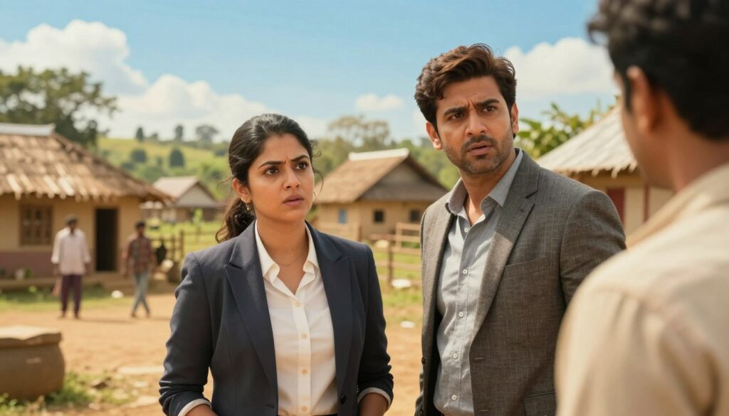 A vibrant and cinematic scene depicting the essence of the "Panchayat Season 4" trailer. In the foreground, two central characters, a man and a woman in professional casual attire, are engaged in a serious discussion, their expressions a mix of determination and curiosity. The middle ground features a rustic village backdrop, highlighting traditional houses and scenic greenery, bathed in warm, golden sunlight that creates a nostalgic and inviting atmosphere. The background reveals a bright blue sky with a few fluffy clouds, symbolizing hope and new beginnings. The image conveys a sense of anticipation and excitement, capturing the essence of community and the trials ahead, with a dynamic, cinematic perspective that draws the viewer in. A vibrant and cinematic scene depicting the essence of the "Panchayat Season 4" trailer. In the foreground, two central characters, a man and a woman in professional casual attire, are engaged in a serious discussion, their expressions a mix of determination and curiosity. The middle ground features a rustic village backdrop, highlighting traditional houses and scenic greenery, bathed in warm, golden sunlight that creates a nostalgic and inviting atmosphere. The background reveals a bright blue sky with a few fluffy clouds, symbolizing hope and new beginnings. The image conveys a sense of anticipation and excitement, capturing the essence of community and the trials ahead, with a dynamic, cinematic perspective that draws the viewer in.