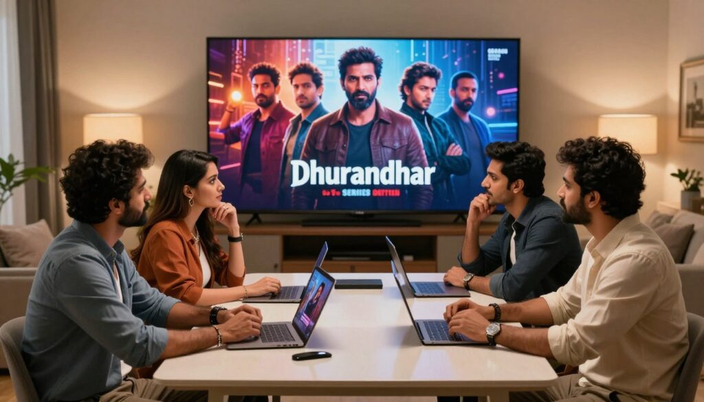 A vibrant and dynamic composition featuring a cinematic representation of the "Dhurandhar" OTT series. In the foreground, a diverse group of four professionals, dressed in smart casual attire, are engaged in a discussion about the series. They are seated around a sleek, modern table adorned with digital devices, indicative of streaming technology. The middle ground showcases a large screen displaying striking visuals from the series, emphasizing its engaging characters and storytelling. The background is filled with a cozy, stylish living room setting with warm lighting, promoting a relaxed viewing atmosphere. The mood is energetic yet contemplative, highlighting the excitement surrounding new Indian releases in 2024. The angle captures the essence of a modern home environment, perfect for movie discussions. A vibrant and dynamic composition featuring a cinematic representation of the "Dhurandhar" OTT series. In the foreground, a diverse group of four professionals, dressed in smart casual attire, are engaged in a discussion about the series. They are seated around a sleek, modern table adorned with digital devices, indicative of streaming technology. The middle ground showcases a large screen displaying striking visuals from the series, emphasizing its engaging characters and storytelling. The background is filled with a cozy, stylish living room setting with warm lighting, promoting a relaxed viewing atmosphere. The mood is energetic yet contemplative, highlighting the excitement surrounding new Indian releases in 2024. The angle captures the essence of a modern home environment, perfect for movie discussions.