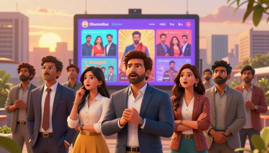 A vibrant and dynamic illustration showcasing an array of Indian web series characters emanating excitement about upcoming releases. In the foreground, several diverse characters in professional business attire, exuding charisma and energy, stand together with expressions of anticipation. In the middle, a colorful digital screen exhibits teaser images of the "Dhurandhar" series, captivating and intriguing viewers. The background features an urban skyline at sunset, highlighting the blend of traditional and modern India, with soft golden light illuminating the scene, creating a warm atmosphere. The composition should have a cinematic feel, with a shallow depth of field to emphasize the characters and the screen, conveying a sense of anticipation and significance in the evolving landscape of Indian web content. A vibrant and dynamic illustration showcasing an array of Indian web series characters emanating excitement about upcoming releases. In the foreground, several diverse characters in professional business attire, exuding charisma and energy, stand together with expressions of anticipation. In the middle, a colorful digital screen exhibits teaser images of the "Dhurandhar" series, captivating and intriguing viewers. The background features an urban skyline at sunset, highlighting the blend of traditional and modern India, with soft golden light illuminating the scene, creating a warm atmosphere. The composition should have a cinematic feel, with a shallow depth of field to emphasize the characters and the screen, conveying a sense of anticipation and significance in the evolving landscape of Indian web content.