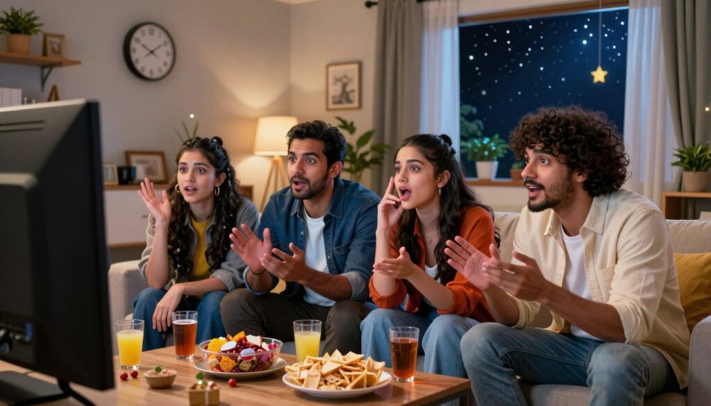 A vibrant and lively scene capturing the excitement of the Panchayat Season 4 premiere. In the foreground, a diverse group of four friends dressed in smart casual attire is gathering around a TV screen, eagerly discussing the upcoming season. They have expressive faces filled with anticipation, surrounded by snacks and drinks. In the middle ground, a cozy living room is adorned with decorations and a festive atmosphere, with a clock indicating the premiere time. In the background, soft ambient lighting enhances the inviting mood, with a window revealing a starry night. The angle should create a sense of intimacy, focusing on the camaraderie and excitement of preparing for the premiere, embodying a fun and celebratory ambiance. A vibrant and lively scene capturing the excitement of the Panchayat Season 4 premiere. In the foreground, a diverse group of four friends dressed in smart casual attire is gathering around a TV screen, eagerly discussing the upcoming season. They have expressive faces filled with anticipation, surrounded by snacks and drinks. In the middle ground, a cozy living room is adorned with decorations and a festive atmosphere, with a clock indicating the premiere time. In the background, soft ambient lighting enhances the inviting mood, with a window revealing a starry night. The angle should create a sense of intimacy, focusing on the camaraderie and excitement of preparing for the premiere, embodying a fun and celebratory ambiance.