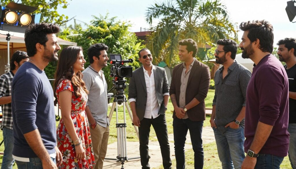 A vibrant behind-the-scenes scene from the filming of "Housefull 5," capturing the cast and crew at a picturesque outdoor shooting location. In the foreground, a diverse group of actors dressed in stylish yet professional outfits engage in lighthearted interactions, with smiles and laughter, showcasing their camaraderie. The middle ground features production equipment, including cameras on tripods and colorful lighting setups, enhancing the atmosphere of creativity and energy. The background reveals lush greenery and a sunny sky, representing a cheerful and dynamic setting. The lighting is bright and inviting, adding warmth to the scene, while a slight lens flare adds a cinematic touch. The overall mood is fun and collaborative, highlighting the excitement of bringing the film to life. A vibrant behind-the-scenes scene from the filming of "Housefull 5," capturing the cast and crew at a picturesque outdoor shooting location. In the foreground, a diverse group of actors dressed in stylish yet professional outfits engage in lighthearted interactions, with smiles and laughter, showcasing their camaraderie. The middle ground features production equipment, including cameras on tripods and colorful lighting setups, enhancing the atmosphere of creativity and energy. The background reveals lush greenery and a sunny sky, representing a cheerful and dynamic setting. The lighting is bright and inviting, adding warmth to the scene, while a slight lens flare adds a cinematic touch. The overall mood is fun and collaborative, highlighting the excitement of bringing the film to life.
