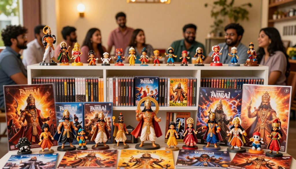 A vibrant display of Baahubali fan collectibles arranged artfully in the foreground, featuring intricately designed figurines of beloved characters, such as Baahubali and Devasena, alongside limited edition posters and vibrant merchandise. The middle ground showcases a well-lit shelf filled with DVDs and books related to the Baahubali saga, adorned with souvenirs like keychains and action figures. In the background, a softly blurred view of a cozy fan gathering spot, lit with warm golden hour lighting, where fans celebrate the epic saga, creates a community atmosphere. The image should evoke excitement and passion, capturing the essence of fan engagement with rich colors and a cheerful ambiance. Use a wide-angle lens to emphasize the collectibles’ details, ensuring it's SFW and suitable for a family-friendly audience.