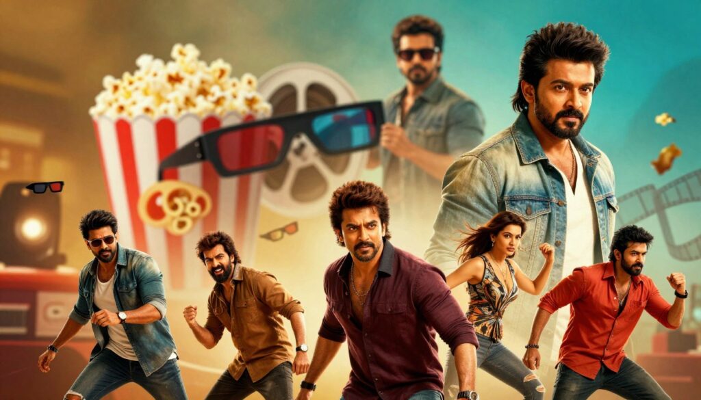 A visually dynamic illustration portraying a seamless blend of various Allu Arjun movie posters displayed as a collage. In the foreground, an assortment of cinematic stills featuring Allu Arjun in vibrant, action-packed scenes, exemplifying his charismatic on-screen presence. The middle layer showcases blurred, stylized elements such as popcorn, 3D glasses, and a film reel, hinting at a movie-watching experience. The background features soft, dramatic lighting that evokes a cinematic ambiance, with abstract hues that transition from warm gold to deep turquoise. The overall mood is enthusiastic and celebratory, reflecting the excitement of movie reviews among fans. The angle is slightly tilted to suggest motion, enhancing the energetic feel of the image while maintaining a professional and clean design without any text or distractions. A visually dynamic illustration portraying a seamless blend of various Allu Arjun movie posters displayed as a collage. In the foreground, an assortment of cinematic stills featuring Allu Arjun in vibrant, action-packed scenes, exemplifying his charismatic on-screen presence. The middle layer showcases blurred, stylized elements such as popcorn, 3D glasses, and a film reel, hinting at a movie-watching experience. The background features soft, dramatic lighting that evokes a cinematic ambiance, with abstract hues that transition from warm gold to deep turquoise. The overall mood is enthusiastic and celebratory, reflecting the excitement of movie reviews among fans. The angle is slightly tilted to suggest motion, enhancing the energetic feel of the image while maintaining a professional and clean design without any text or distractions.