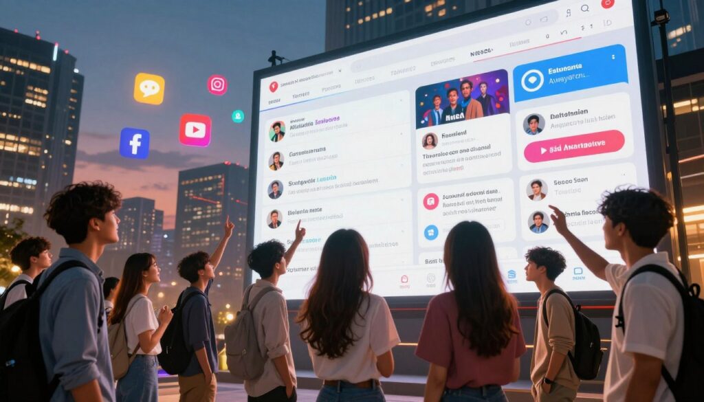A visually engaging scene representing social media trends and fan theories surrounding "Awarapan 2." In the foreground, a diverse group of enthusiastic fans, each dressed in modern casual clothing, gather around a large digital screen displaying vibrant social media posts and trending hashtags related to the film. In the middle ground, various icons and symbols representing different social media platforms float around, illuminated by colorful lights. The background features a cityscape at dusk, with glowing skyscrapers and a twilight sky, giving a sense of excitement and anticipation. Use a warm, inviting lighting scheme to create a lively atmosphere, shot with a slight downward angle to emphasize the digital screen and fan reactions. The overall mood is energetic and youthful, reflecting the passionate buzz of online discussions. A visually engaging scene representing social media trends and fan theories surrounding "Awarapan 2." In the foreground, a diverse group of enthusiastic fans, each dressed in modern casual clothing, gather around a large digital screen displaying vibrant social media posts and trending hashtags related to the film. In the middle ground, various icons and symbols representing different social media platforms float around, illuminated by colorful lights. The background features a cityscape at dusk, with glowing skyscrapers and a twilight sky, giving a sense of excitement and anticipation. Use a warm, inviting lighting scheme to create a lively atmosphere, shot with a slight downward angle to emphasize the digital screen and fan reactions. The overall mood is energetic and youthful, reflecting the passionate buzz of online discussions.