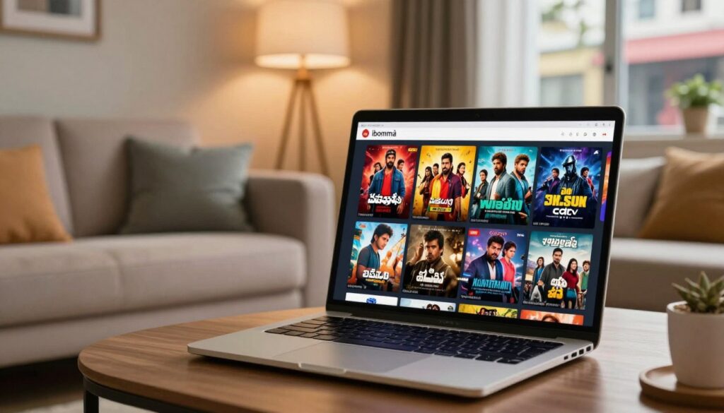 A vivid portrayal of the latest Telugu movie streaming scene on ibomma, featuring a sleek, modern laptop screen in the foreground displaying colorful movie thumbnails and vibrant posters. In the middle ground, a cozy living room setting with a soft sofa, stylish decor, and warm lighting creates an inviting atmosphere. The background showcases a lively street outside, hinting at the connection between digital streaming and real-life entertainment. The lighting should be soft and inviting, with a slightly blurred focus on the background to emphasize the laptop. The overall mood conveys excitement and caution, reflecting the allure of new releases while hinting at the risks associated with online movie downloads. A vivid portrayal of the latest Telugu movie streaming scene on ibomma, featuring a sleek, modern laptop screen in the foreground displaying colorful movie thumbnails and vibrant posters. In the middle ground, a cozy living room setting with a soft sofa, stylish decor, and warm lighting creates an inviting atmosphere. The background showcases a lively street outside, hinting at the connection between digital streaming and real-life entertainment. The lighting should be soft and inviting, with a slightly blurred focus on the background to emphasize the laptop. The overall mood conveys excitement and caution, reflecting the allure of new releases while hinting at the risks associated with online movie downloads.