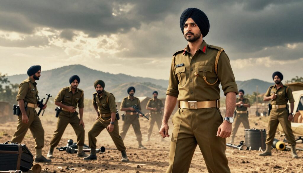 Diljit Dosanjh portrayed in a dramatic scene from "Border 2," showcasing him as a soldier in a battleground setting. In the foreground, Diljit stands confidently, dressed in a crisp army uniform with insignia, his expression reflecting determination and bravery. His posture is dynamic, suggesting action, as he looks off into the distance. In the middle ground, soldiers can be seen in varied poses, some strategizing while others are positioning equipment, creating a sense of camaraderie and urgency. The background features a rugged landscape with distant mountains under a moody sky, casting dramatic shadows. The lighting is dynamic, with a golden hour glow that highlights the soldiers, creating an atmosphere of hope amid conflict. The image captures the essence of patriotism and valor, perfect for illustrating Diljit Dosanjh's pivotal role in the cast. Diljit Dosanjh portrayed in a dramatic scene from "Border 2," showcasing him as a soldier in a battleground setting. In the foreground, Diljit stands confidently, dressed in a crisp army uniform with insignia, his expression reflecting determination and bravery. His posture is dynamic, suggesting action, as he looks off into the distance. In the middle ground, soldiers can be seen in varied poses, some strategizing while others are positioning equipment, creating a sense of camaraderie and urgency. The background features a rugged landscape with distant mountains under a moody sky, casting dramatic shadows. The lighting is dynamic, with a golden hour glow that highlights the soldiers, creating an atmosphere of hope amid conflict. The image captures the essence of patriotism and valor, perfect for illustrating Diljit Dosanjh's pivotal role in the cast.