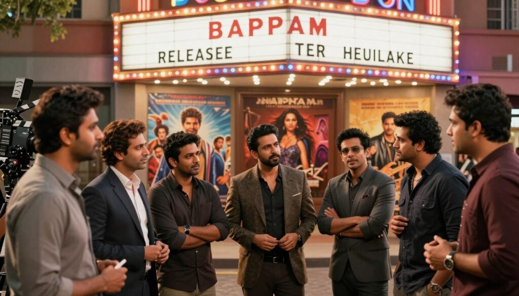 A cinematic collage of upcoming Bappam movie releases showcasing the vibrant collaboration between Bollywood and Hollywood. In the foreground, feature a group of diverse filmmakers and actors, dressed in polished, professional attire, engaged in a dynamic discussion on a film set. In the middle ground, illustrate iconic film elements like camera equipment, clapperboards, and vibrant posters of Bappam movies merging Western and Indian styles. The background features a large movie theater marquee displaying upcoming release dates, illuminated with colorful lights. Use warm, soft lighting to create an inviting atmosphere that highlights collaboration and creativity. Capture the excitement and fusion of cultures in the film industry, with a slightly blurred depth of field to emphasize the foreground characters and their engaging interaction. A cinematic collage of upcoming Bappam movie releases showcasing the vibrant collaboration between Bollywood and Hollywood. In the foreground, feature a group of diverse filmmakers and actors, dressed in polished, professional attire, engaged in a dynamic discussion on a film set. In the middle ground, illustrate iconic film elements like camera equipment, clapperboards, and vibrant posters of Bappam movies merging Western and Indian styles. The background features a large movie theater marquee displaying upcoming release dates, illuminated with colorful lights. Use warm, soft lighting to create an inviting atmosphere that highlights collaboration and creativity. Capture the excitement and fusion of cultures in the film industry, with a slightly blurred depth of field to emphasize the foreground characters and their engaging interaction.