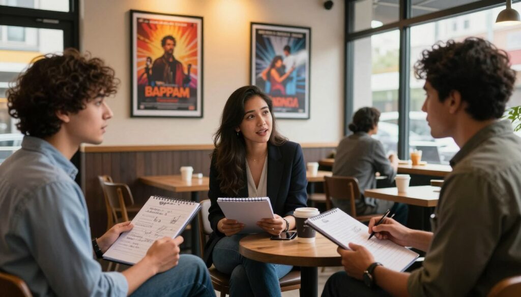 A cinematic scene showcasing a vibrant film review discussion, placed in a cozy coffee shop setting. In the foreground, a diverse group of three professionals (two men and one woman) are engaged in animated conversation, each holding notepads with movie ratings and doodles. They are dressed in smart casual attire, radiating a sense of passion for cinema. In the middle background, a wall displays framed posters of recent Bappam movies, showcasing colorful artwork and film stills, subtly lit with warm yellow lighting. The atmosphere is lively yet focused, with coffee cups and casual furniture enhancing the ambiance. The image has a shallow depth of field, emphasizing the reviewers in the foreground while softly blurring the posters behind. Soft, natural lighting flows in from large windows, suggesting a late afternoon setting, creating an inviting and professional mood. A cinematic scene showcasing a vibrant film review discussion, placed in a cozy coffee shop setting. In the foreground, a diverse group of three professionals (two men and one woman) are engaged in animated conversation, each holding notepads with movie ratings and doodles. They are dressed in smart casual attire, radiating a sense of passion for cinema. In the middle background, a wall displays framed posters of recent Bappam movies, showcasing colorful artwork and film stills, subtly lit with warm yellow lighting. The atmosphere is lively yet focused, with coffee cups and casual furniture enhancing the ambiance. The image has a shallow depth of field, emphasizing the reviewers in the foreground while softly blurring the posters behind. Soft, natural lighting flows in from large windows, suggesting a late afternoon setting, creating an inviting and professional mood.