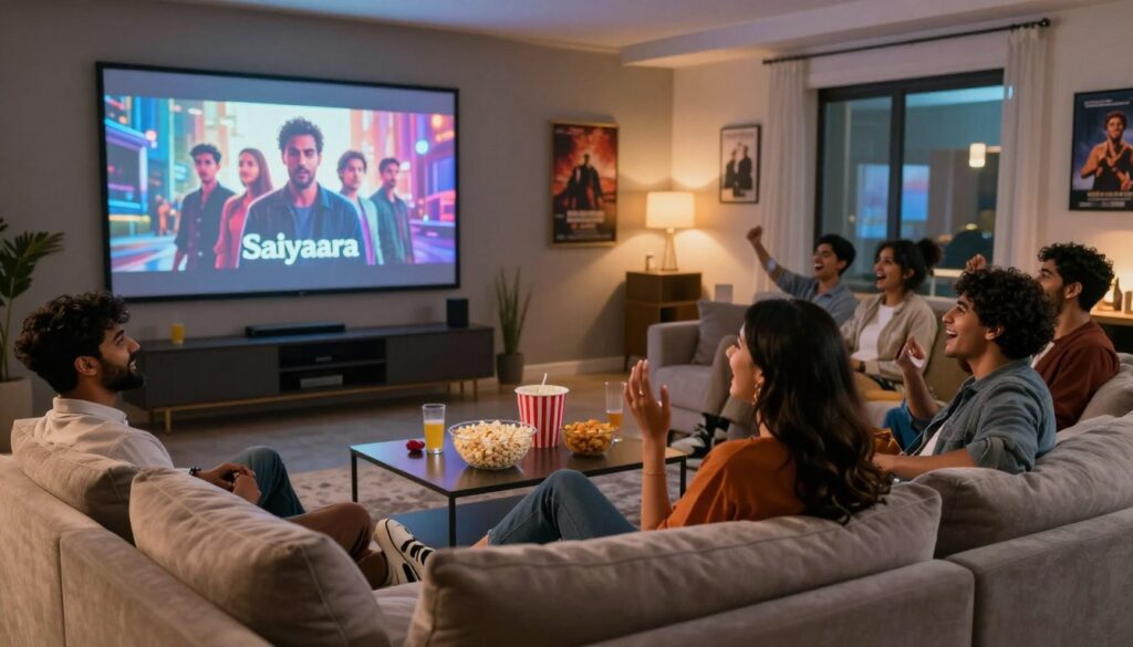 A cozy home setting showcasing a modern living room with a large screen displaying the movie "Saiyaara" playing. In the foreground, a comfortable sofa adorned with plush cushions, where a diverse group of friends, dressed in smart casual attire, are engrossed in the film. They share snacks, laughter, and excited expressions, creating an atmosphere of relaxation and enjoyment. The middle ground features a stylish coffee table with popcorn and drinks, adding a casual vibe. In the background, warm ambient lighting enhances the inviting atmosphere, complemented by soft, dimmed lights and a subtle hint of movie posters on the walls. The overall mood is vibrant, energetic, and perfect for a movie night at home. A cozy home setting showcasing a modern living room with a large screen displaying the movie "Saiyaara" playing. In the foreground, a comfortable sofa adorned with plush cushions, where a diverse group of friends, dressed in smart casual attire, are engrossed in the film. They share snacks, laughter, and excited expressions, creating an atmosphere of relaxation and enjoyment. The middle ground features a stylish coffee table with popcorn and drinks, adding a casual vibe. In the background, warm ambient lighting enhances the inviting atmosphere, complemented by soft, dimmed lights and a subtle hint of movie posters on the walls. The overall mood is vibrant, energetic, and perfect for a movie night at home.