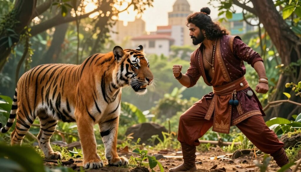 A dramatic, cinematic scene depicting a tiger and a skilled Pathaan warrior engaged in a fierce but respectful stare-down. In the foreground, the tiger showcases its powerful stance, muscles rippling, its eyes fierce and determined. The Pathaan, clothed in rich, traditional attire accented with modern elements, stands in a confident pose, exuding an aura of strength and wisdom. The middle ground features a vibrant jungle setting, with lush greenery and dappled sunlight filtering through the leaves, enhancing the tension of the face-off. In the background, hints of a bustling Indian city merge with nature, representing the blend of tradition and modern storytelling. The lighting is warm, with a golden hour glow, evoking a sense of epic drama and narrative depth. The overall atmosphere is charged, embracing themes of conflict, culture, and cinematic storytelling techniques. A dramatic, cinematic scene depicting a tiger and a skilled Pathaan warrior engaged in a fierce but respectful stare-down. In the foreground, the tiger showcases its powerful stance, muscles rippling, its eyes fierce and determined. The Pathaan, clothed in rich, traditional attire accented with modern elements, stands in a confident pose, exuding an aura of strength and wisdom. The middle ground features a vibrant jungle setting, with lush greenery and dappled sunlight filtering through the leaves, enhancing the tension of the face-off. In the background, hints of a bustling Indian city merge with nature, representing the blend of tradition and modern storytelling. The lighting is warm, with a golden hour glow, evoking a sense of epic drama and narrative depth. The overall atmosphere is charged, embracing themes of conflict, culture, and cinematic storytelling techniques.