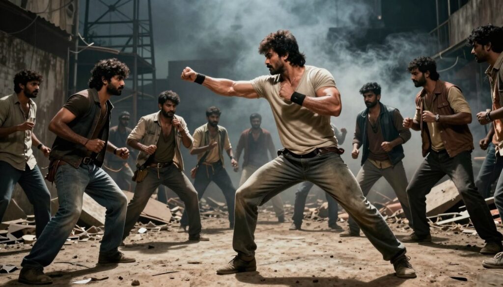 A dynamic fight scene inspired by KGF Chapter 1, showcasing a gritty urban environment reminiscent of 1980s Indian cinema. In the foreground, a muscular, determined hero in modest casual clothing is seen striking a powerful pose, engaging in combat with a group of rival fighters. They wear rugged, street-style outfits. The middle ground features debris and broken walls, hinting at a fierce confrontation. In the background, a dimly lit, smoky atmosphere enhances the tension, with industrial structures and an ominous sky. The lighting is dramatic, with sharp contrasts, spotlighting the characters and casting long shadows. Use a low-angle perspective to create an imposing sense of scale, capturing the energy and intensity of modern Indian action thrillers. A dynamic fight scene inspired by KGF Chapter 1, showcasing a gritty urban environment reminiscent of 1980s Indian cinema. In the foreground, a muscular, determined hero in modest casual clothing is seen striking a powerful pose, engaging in combat with a group of rival fighters. They wear rugged, street-style outfits. The middle ground features debris and broken walls, hinting at a fierce confrontation. In the background, a dimly lit, smoky atmosphere enhances the tension, with industrial structures and an ominous sky. The lighting is dramatic, with sharp contrasts, spotlighting the characters and casting long shadows. Use a low-angle perspective to create an imposing sense of scale, capturing the energy and intensity of modern Indian action thrillers.