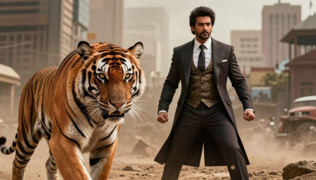 A dynamic scene depicting a thrilling confrontation between two characters, one representing a fierce tiger and the other a heroic figure dressed in elegant, modern attire. The foreground showcases the tiger, its vivid orange and black stripes gleaming under dramatic lighting, eyes locked in a gaze full of intensity. In the middle, the hero stands confidently, exuding charisma and strength, with a cityscape blurred in the background. Surrounding them, a sense of tension fills the air, amplified by earthy tones and high contrast shadows. The scene captures a cinematic feel with a wide-angle lens perspective, creating an epic atmosphere of anticipation and rivalry, reflecting the powerful crossover potential of these iconic characters in Indian cinema. A dynamic scene depicting a thrilling confrontation between two characters, one representing a fierce tiger and the other a heroic figure dressed in elegant, modern attire. The foreground showcases the tiger, its vivid orange and black stripes gleaming under dramatic lighting, eyes locked in a gaze full of intensity. In the middle, the hero stands confidently, exuding charisma and strength, with a cityscape blurred in the background. Surrounding them, a sense of tension fills the air, amplified by earthy tones and high contrast shadows. The scene captures a cinematic feel with a wide-angle lens perspective, creating an epic atmosphere of anticipation and rivalry, reflecting the powerful crossover potential of these iconic characters in Indian cinema.