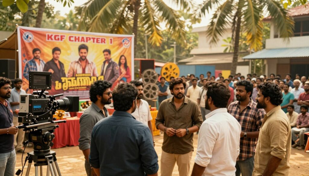 A vibrant and dynamic scene depicting the essence of Sandalwood cinema, showcasing a film set bathed in warm, golden light that evokes a sense of nostalgic glamour. In the foreground, a group of professional filmmakers in smart casual attire engage in passionate discussions, surrounded by elaborate film equipment. The middle ground features a colorful banner celebrating KGF Chapter 1, adorned with iconic imagery from the film, while film reels and props hint at the rich storytelling of Sandalwood cinema. The background reveals a bustling outdoor location with palm trees and an audience eagerly gathered to witness the film’s impact. The atmosphere should feel energetic and celebratory, capturing the influence of Sandalwood cinema on the national stage. Use a wide-angle lens to create depth and include soft focus in the background for a cinematic feel. A vibrant and dynamic scene depicting the essence of Sandalwood cinema, showcasing a film set bathed in warm, golden light that evokes a sense of nostalgic glamour. In the foreground, a group of professional filmmakers in smart casual attire engage in passionate discussions, surrounded by elaborate film equipment. The middle ground features a colorful banner celebrating KGF Chapter 1, adorned with iconic imagery from the film, while film reels and props hint at the rich storytelling of Sandalwood cinema. The background reveals a bustling outdoor location with palm trees and an audience eagerly gathered to witness the film’s impact. The atmosphere should feel energetic and celebratory, capturing the influence of Sandalwood cinema on the national stage. Use a wide-angle lens to create depth and include soft focus in the background for a cinematic feel.
